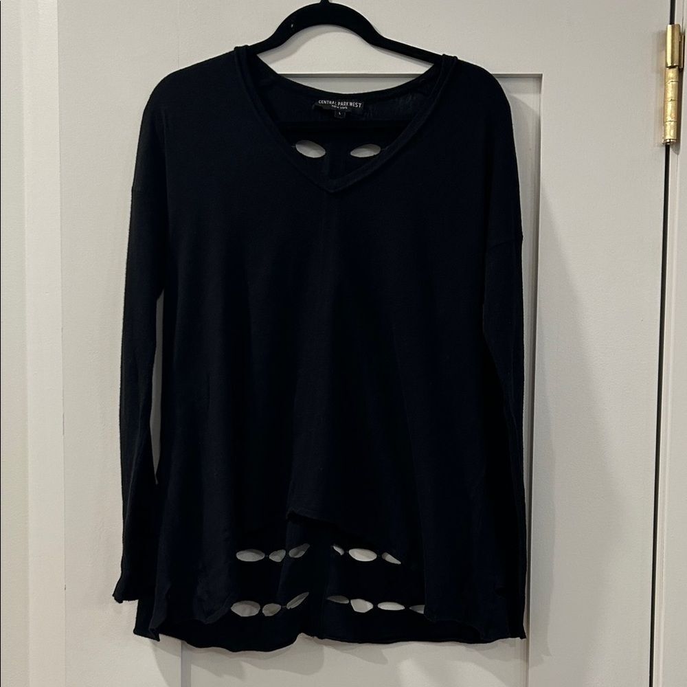 Central Park West Black Sweater with open pattern on back, size large